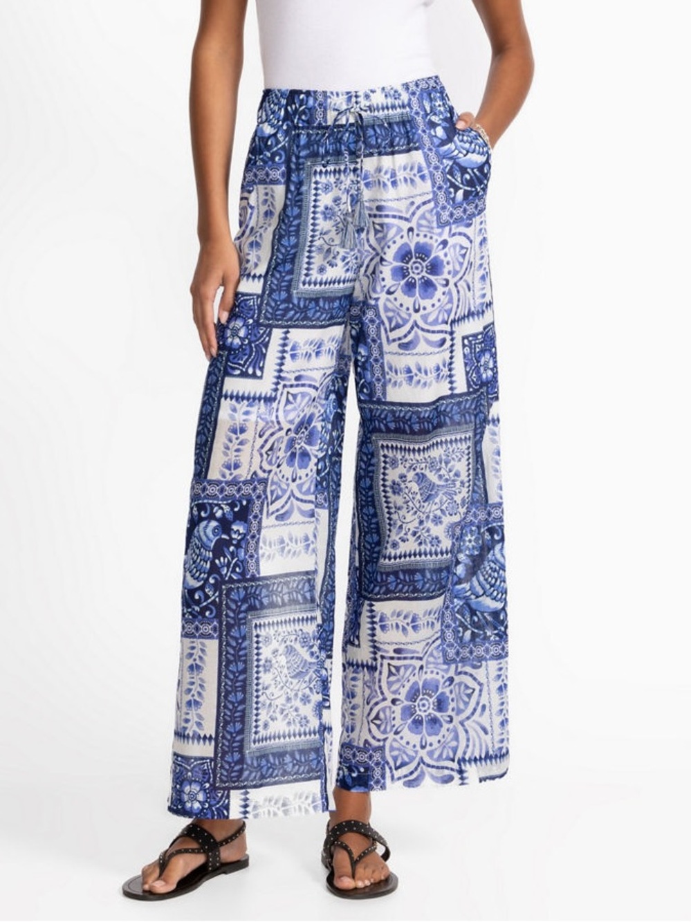 Johnny Was Blue and White Patchwork Tile-Print Wide Leg Pants XL NWT